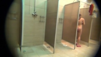 Hidden camera in public shower catches mature BBW women naked