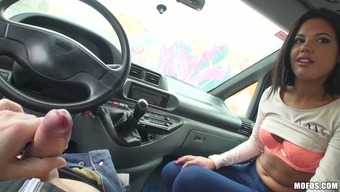 Sexy petite brunette Apolonia swallows big bonker of her feevrish guy in car