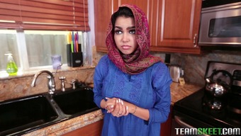 Arab teen gives a dazzling blowjob in the kitchen and gets fucked silly