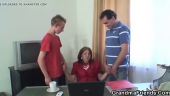 Hot threesome in the office with old granny