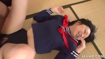 Yuri Sakurai riding her handsome lover on the floor