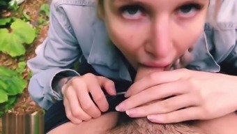 Schoolgirl sloppy POV blowjob on nature, cums on mouth