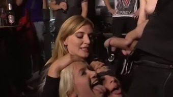 Busty blondes disgraced in crowded bar
