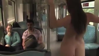 Naked brunette in crowded public bus