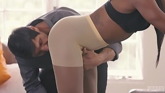 Ebony pornstar Ana Foxxx spreads her long legs for a white penis