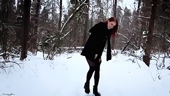 Sultry redhead in stockings plowed doggystyle in the woods