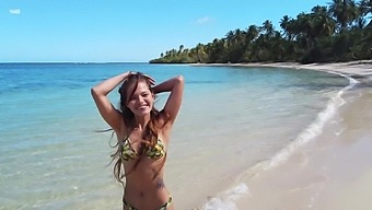 Slender Colombian babe in sexy bikini Irene Rouse running on the beach