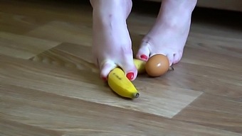 Fat Legs Bare Feet Mercilessly Trampled Banana And Raw Eggs. Crush Fetish