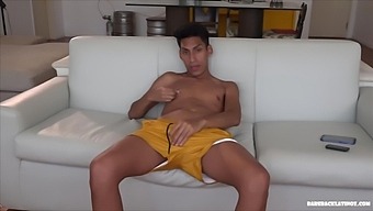 Our favorite solo guy of the week is young Latino Alejo, who is parked on the couch, ready to fight back for us. Taking off his clothes, he gropes for his boner.