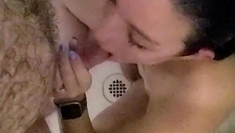 Blowjob in the shower ends with a massive cumshot on the face of cutie
