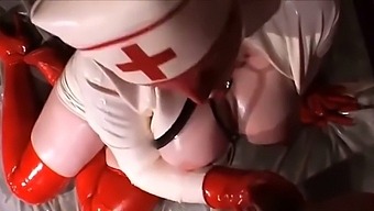 Latex nurse with big tits gives a big handjob