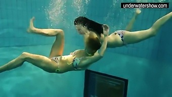 Two sexy amateurs showing off their bodies underwater