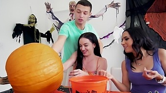 Brunette girls have a wild Halloween party with two lucky guys in this funny video