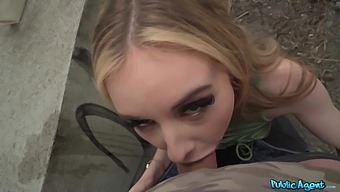 POV close-up of blonde giving a blowjob and getting laid on the street