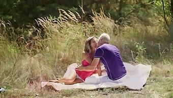 Romantic picnic turns into steamy orgy with amazing blowjob and ass riding