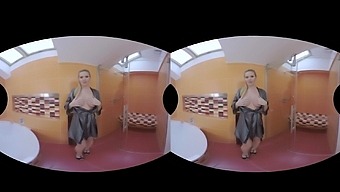 Mature blonde gets naughty in VR shower experience
